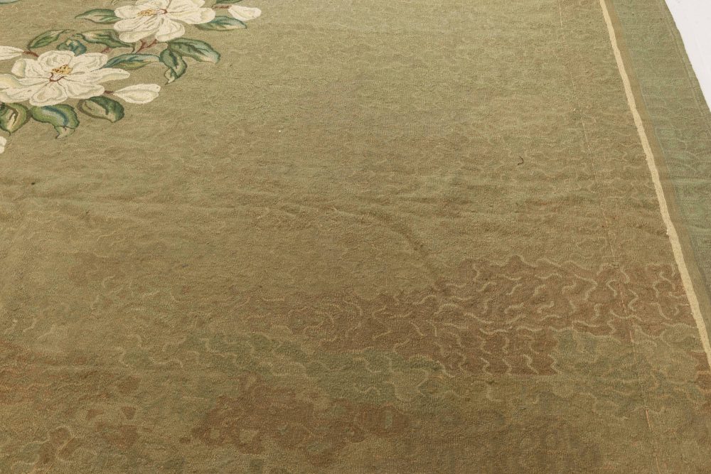 Mid-20th century Floral American Hooked Green White “Timeworn” Wool Rug BB6952