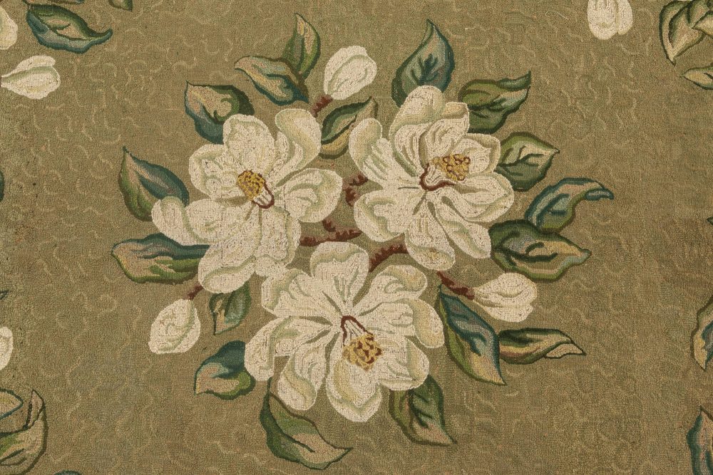 Mid-20th century Floral American Hooked Green White “Timeworn” Wool Rug BB6952