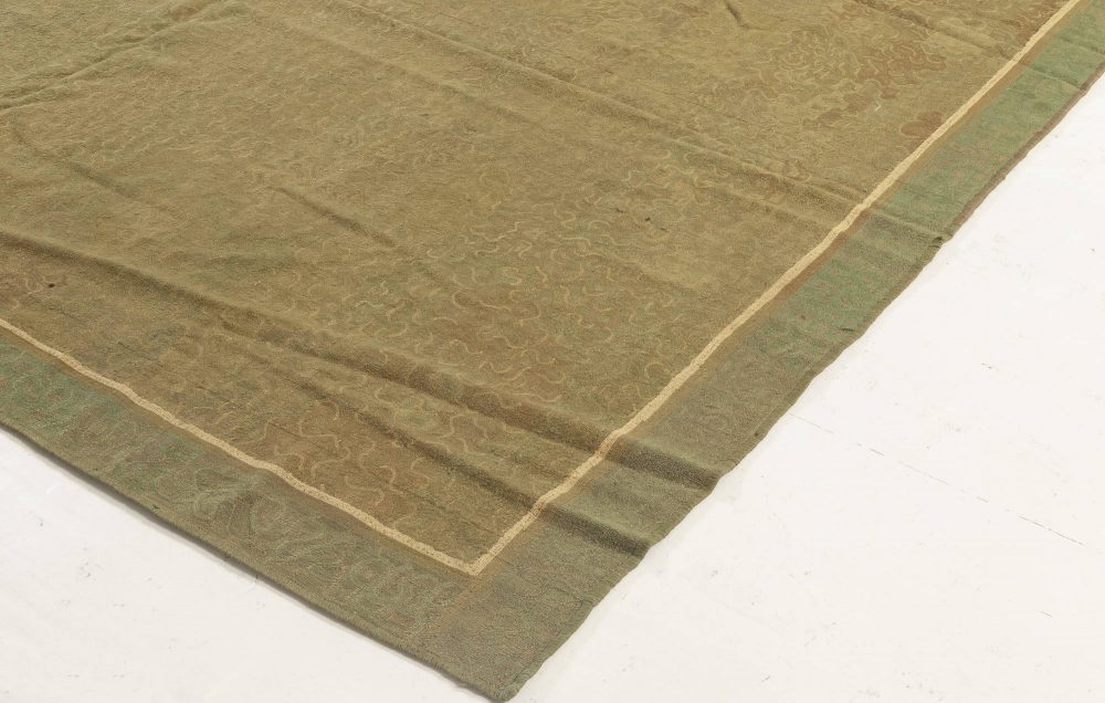 Mid-20th century Floral American Hooked Green White “Timeworn” Wool Rug BB6952