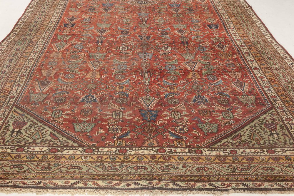 Early 20th Century Persian Feraghan Green, Pink, Red and White Handmade Rug BB6955