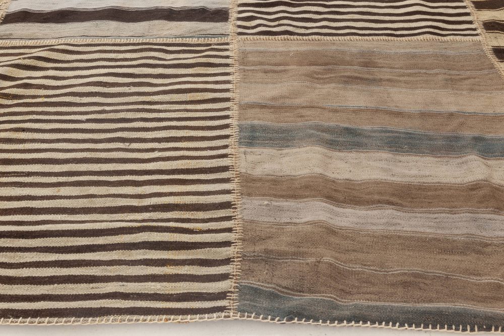 Turkish Kilim Rug in Blue, Beige and Brown Stripes BB6958