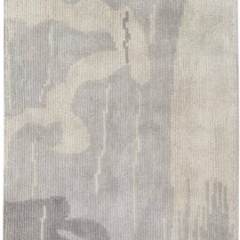 Modern Abstract Minimalist Light Gray Hand-Knotted Wool & Silk Runner “Shibui” N11940