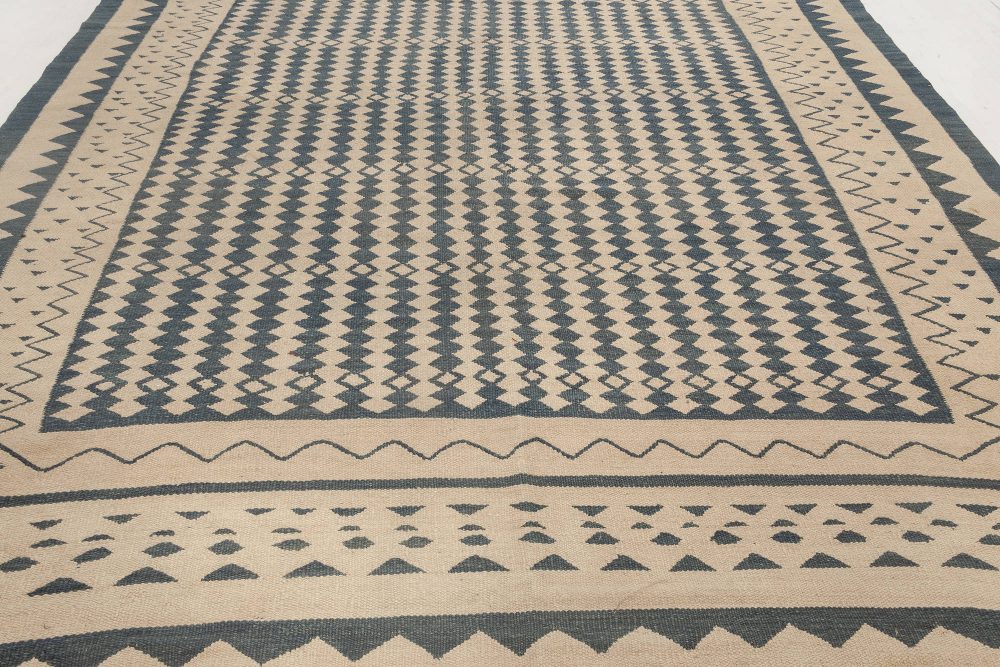 Modern Beige and Dark Blue Flat-Weave Rug N11952