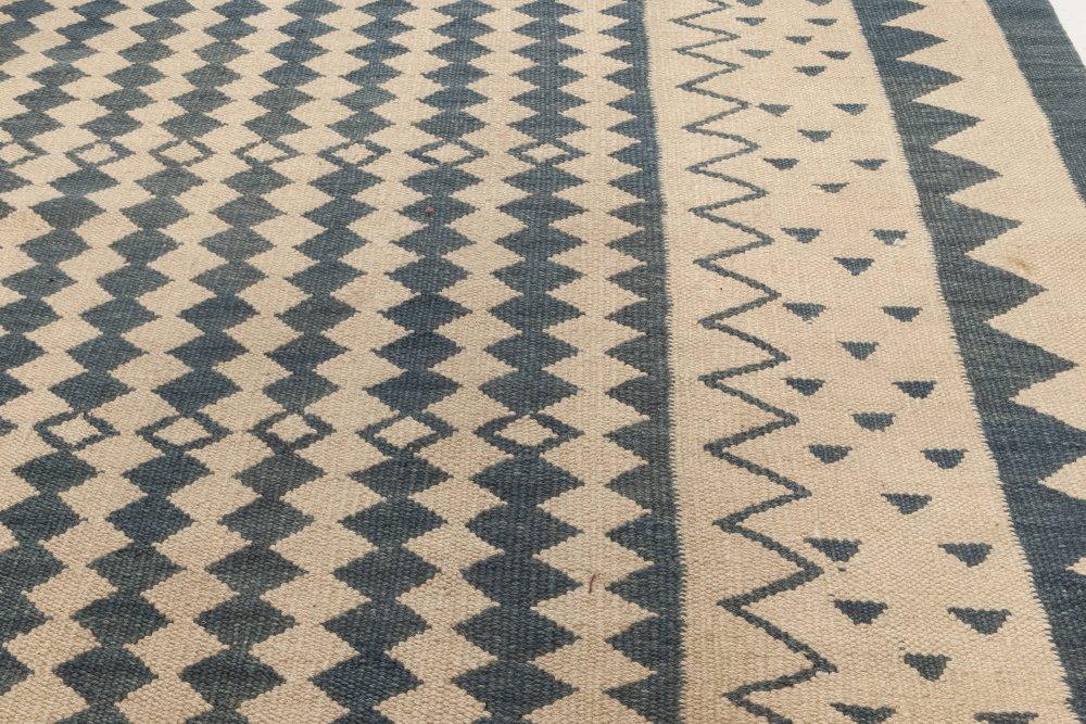 Modern Beige and Dark Blue Flat-Weave Rug N11952