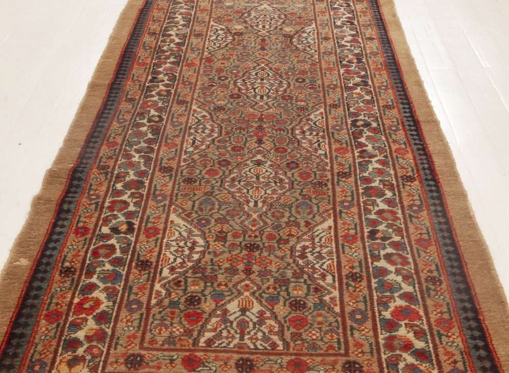 Antique Persian Hamadan Carmine, Beige, Teal, Hazelnut and Rosewood Wool Runner BB6987