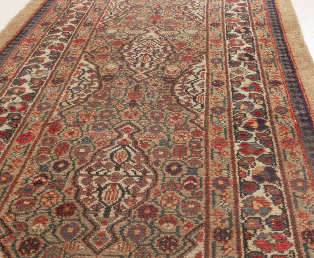 Antique Persian Hamadan Carmine, Beige, Teal, Hazelnut and Rosewood Wool Runner BB6987