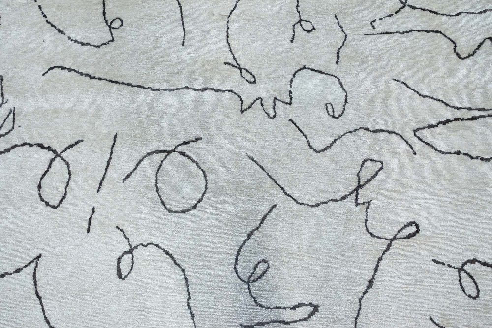 Modernist Jean Cocteau Style Black and White Hand Knotted Wool Rug N11983