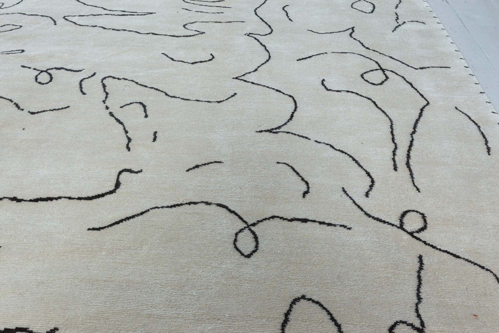 Modernist Jean Cocteau Style Black and White Hand Knotted Wool Rug N11983