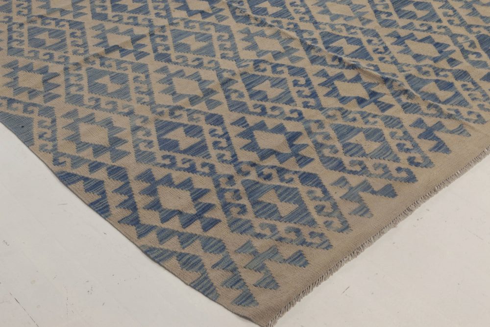 Doris Leslie Blau Collection Geometric Blue and Beige Flat-Weave Wool Rug N12009
