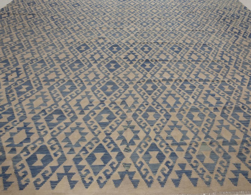 Doris Leslie Blau Collection Geometric Blue and Beige Flat-Weave Wool Rug N12009