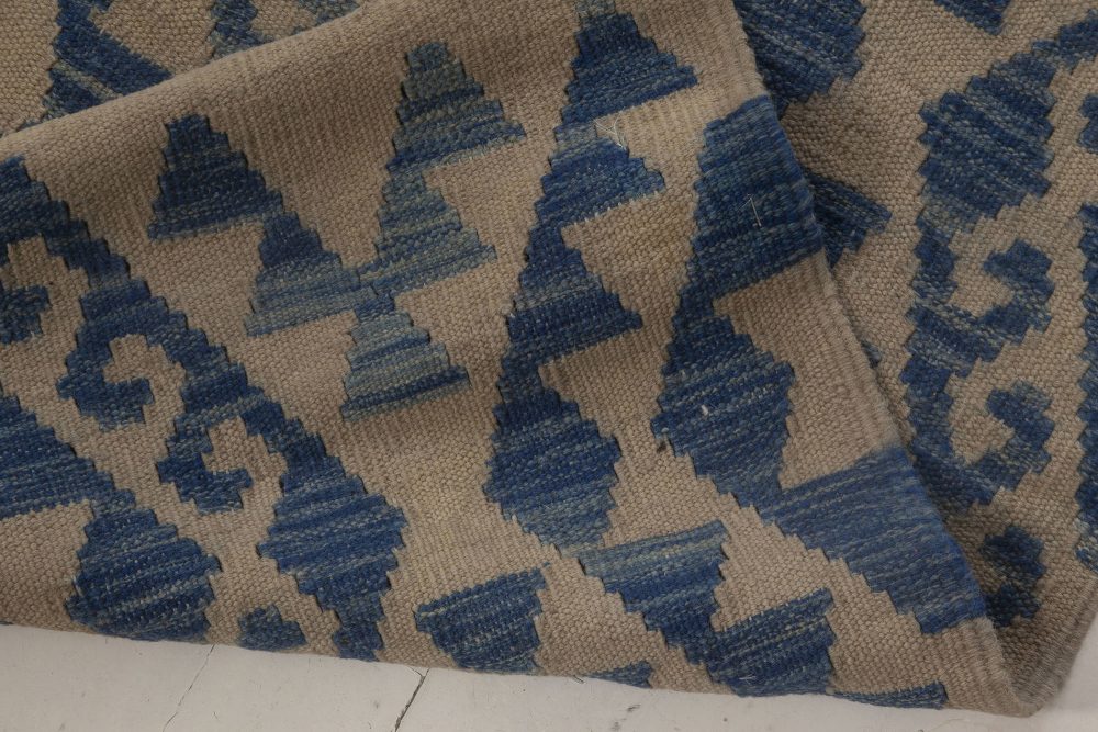 Doris Leslie Blau Collection Geometric Blue and Beige Flat-Weave Wool Rug N12009