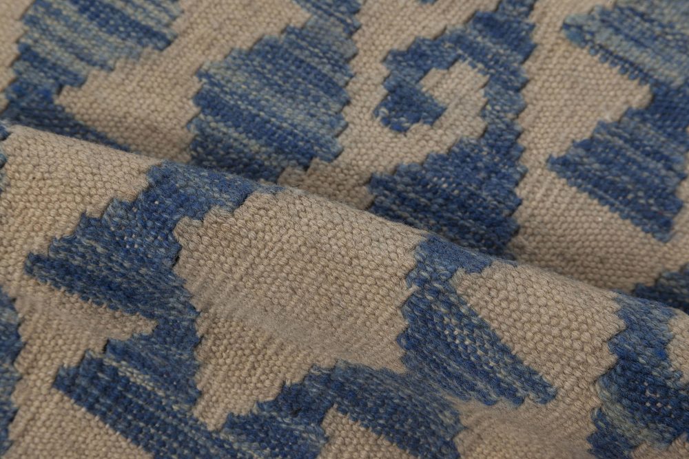 Doris Leslie Blau Collection Geometric Blue and Beige Flat-Weave Wool Rug N12009