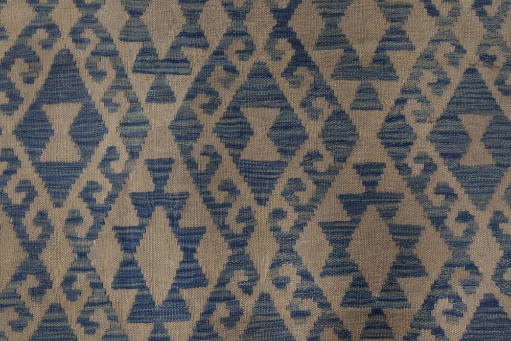 Doris Leslie Blau Collection Geometric Blue and Beige Flat-Weave Wool Rug N12009