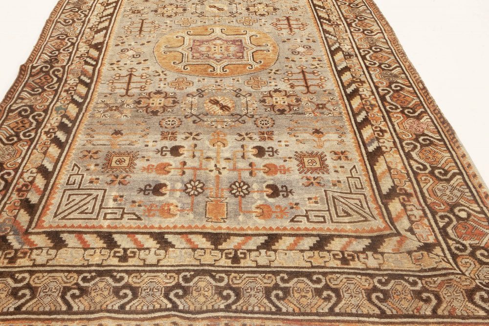 Midcentury Samarkand Blue, Brown, Orange and Purple Handmade Wool Rug BB6975