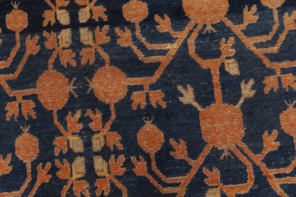 Midcentury Samarkand Navy Blue, Red and Orange Handmade Wool Rug BB6977