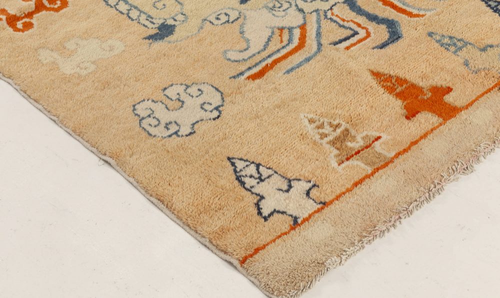 Early 20th Century Chinese Oriental Beige, Blue, Brown and Orange Handmade Rug BB7004