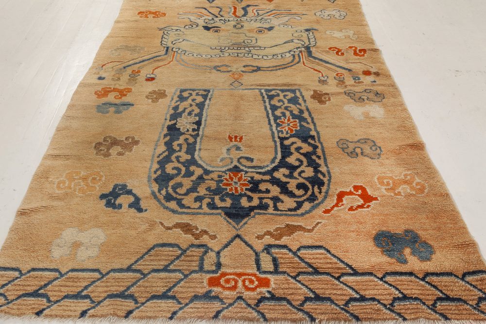 Early 20th Century Chinese Oriental Beige, Blue, Brown and Orange Handmade Rug BB7004