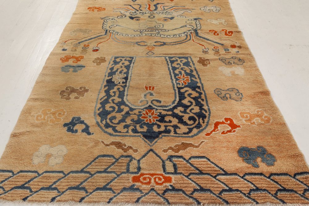 Early 20th Century Chinese Oriental Beige, Blue, Brown and Orange Handmade Rug BB7004