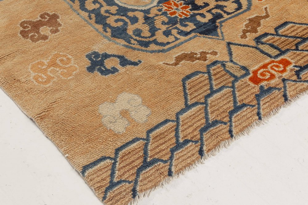 Early 20th Century Chinese Oriental Beige, Blue, Brown and Orange Handmade Rug BB7004