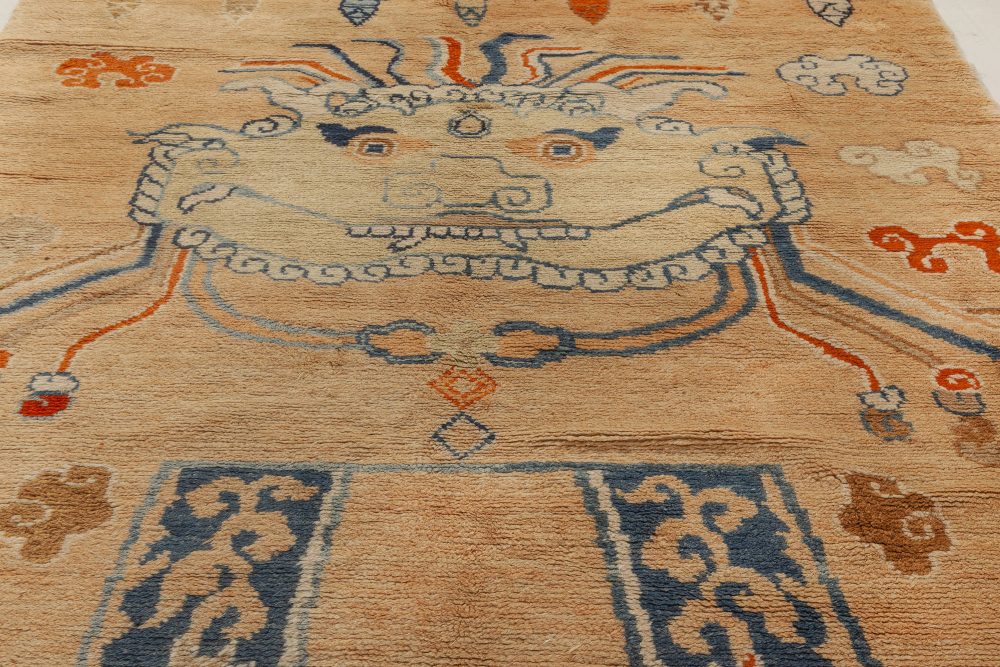 Early 20th Century Chinese Oriental Beige, Blue, Brown and Orange Handmade Rug BB7004