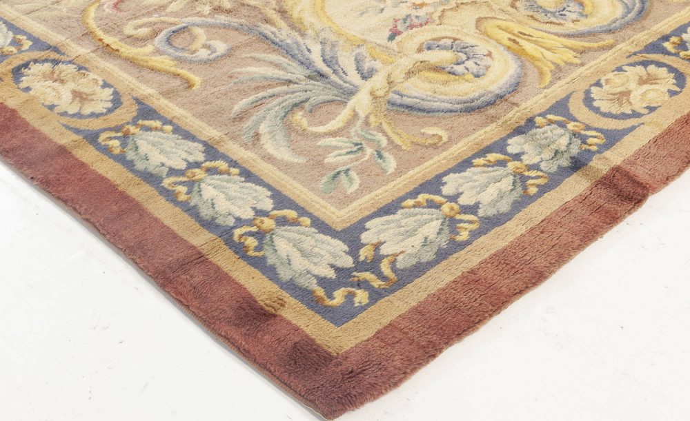 Antique Savonnerie Gold, Pink and Purple Handwoven Wool Rug BB6943