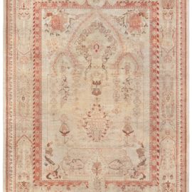 Antique Oushak Turkish Medallion Floral Light Beige Hand-Knotted Wool Rug – Circa 1910 BB7013