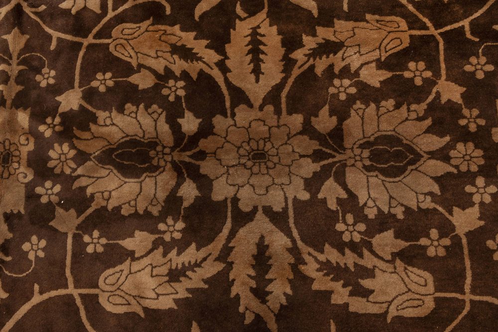Mid-20th Century Chinese Floral Brown and Beige Handmade Wool Rug BB6945