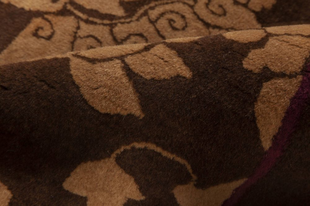 Mid-20th Century Chinese Floral Brown and Beige Handmade Wool Rug BB6945