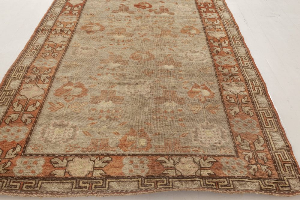 Mid-20th century Samarkand Green and Orange Handmade Wool Rug BB6998