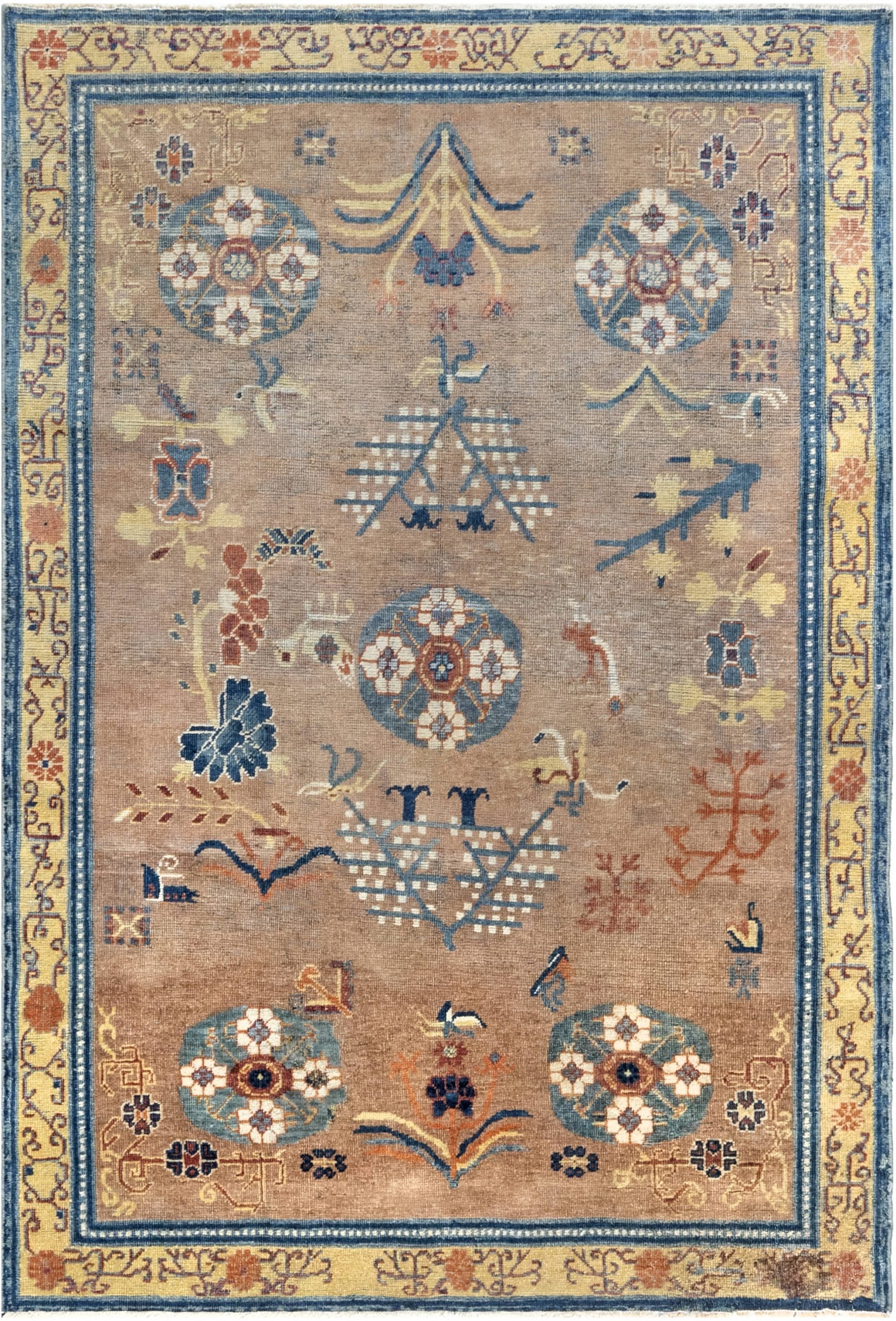 Midcentury <mark class='searchwp-highlight'>Samarkand</mark> Brown and Blue Handwoven Wool Rug BB6970