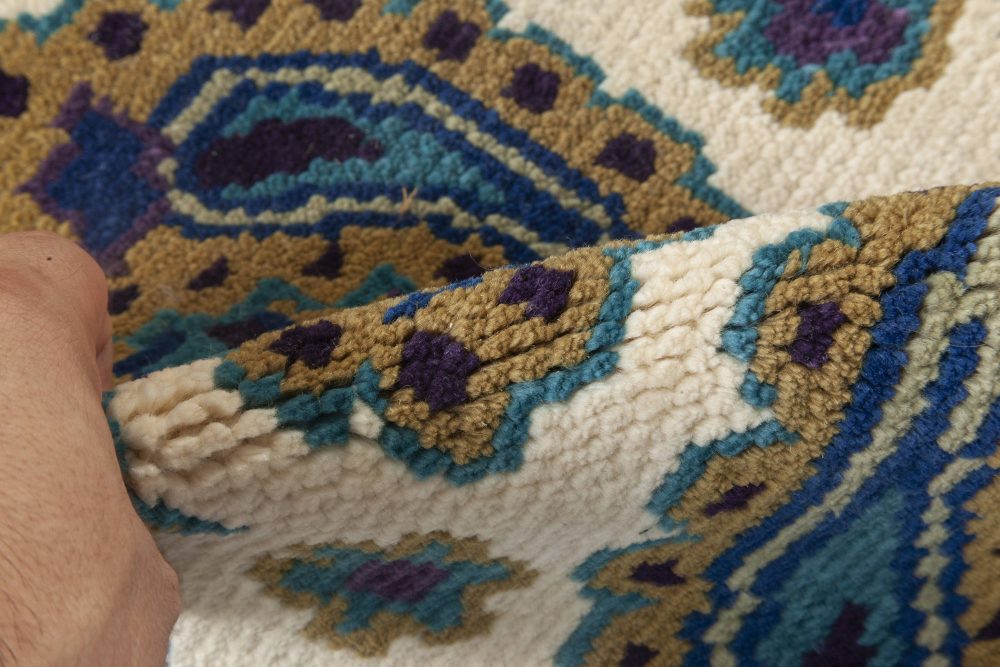 20th Century Spanish White, Blue and Green Handmade Wool Rug BB6944