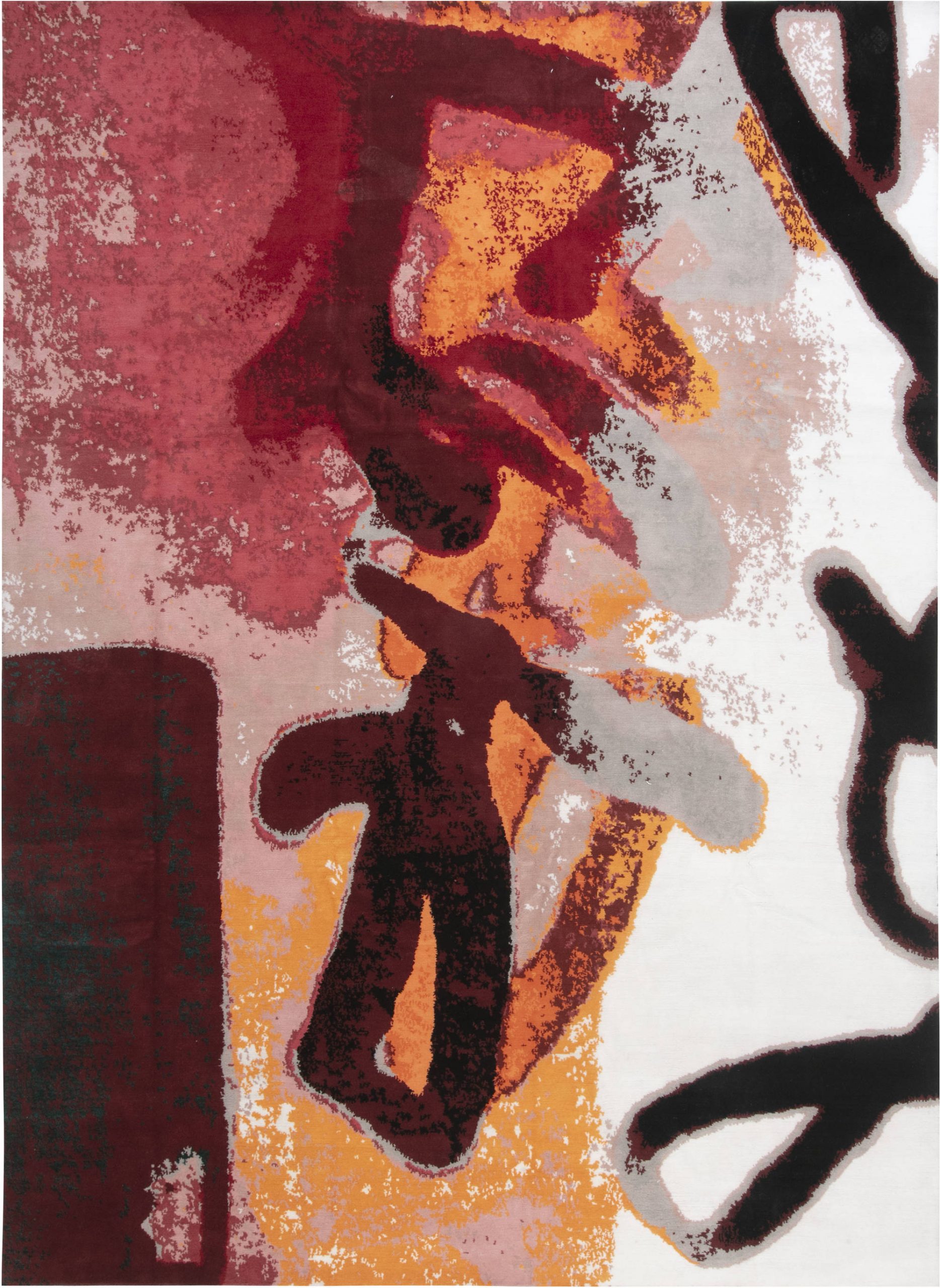 Art Moderne Orange, Pink, Red, White & Black Hand-knotted Wool Rug N12041