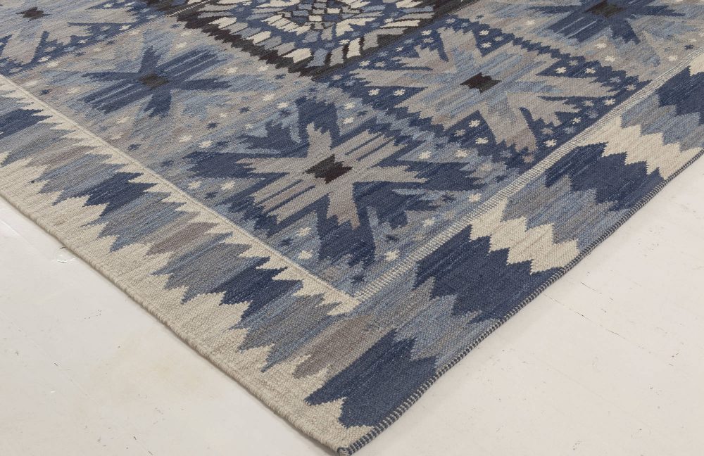 Doris Leslie Blau Collection Swedish Style Blue, White, Black Flat-Weave Rug N12029