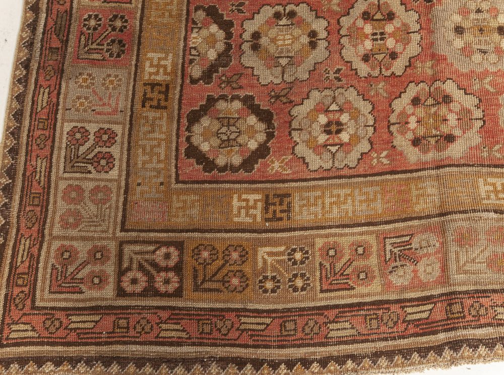 Midcentury Samarkand Beige, Brown, Gold and Pink Handmade Wool Rug BB7019