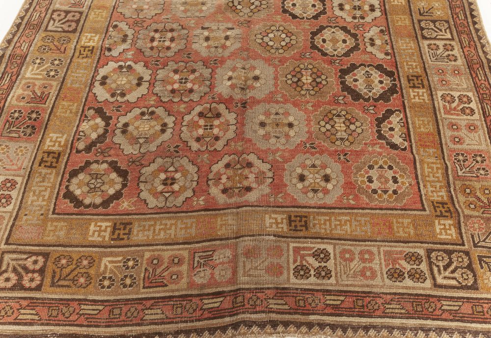 Midcentury Samarkand Beige, Brown, Gold and Pink Handmade Wool Rug BB7019