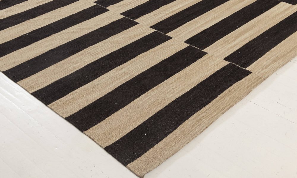 Contemporary Striped Beige and Black Kilim Flat-Weave Wool Rug N12052