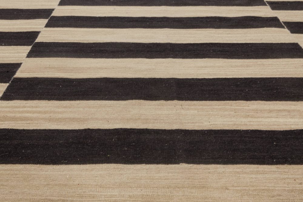 Contemporary Striped Beige and Black Kilim Flat-Weave Wool Rug N12052