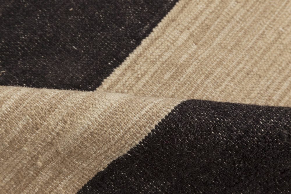 Contemporary Striped Beige and Black Kilim Flat-Weave Wool Rug N12052