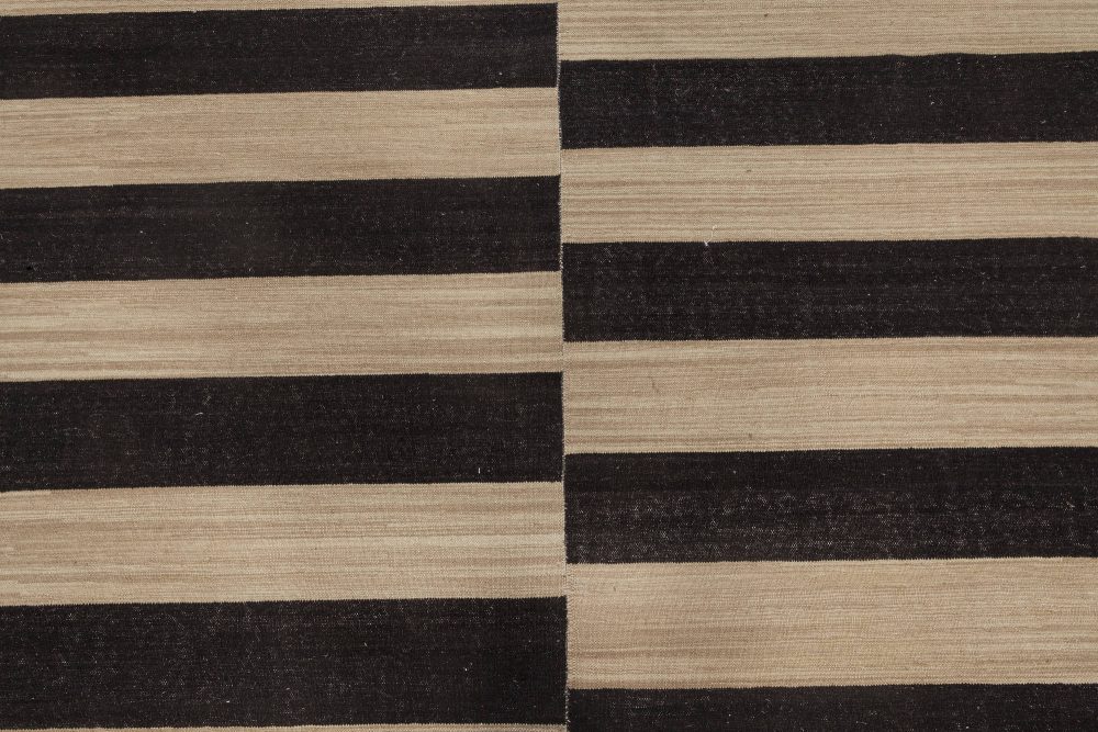 Contemporary Striped Beige and Black Kilim Flat-Weave Wool Rug N12052