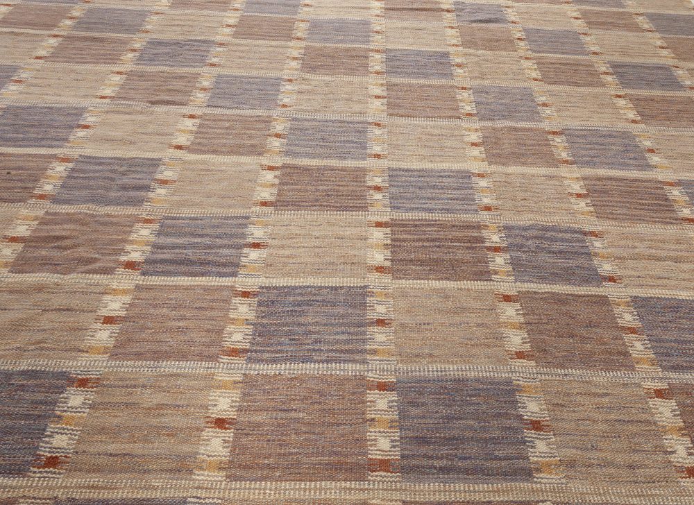 Modern Swedish Brown, Gray & Blue Flat-Woven Wool Rug N12054