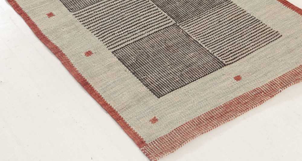 Contemporary Swedish Style Beige, Black and Red Flat-Weave Wool Runner N12056