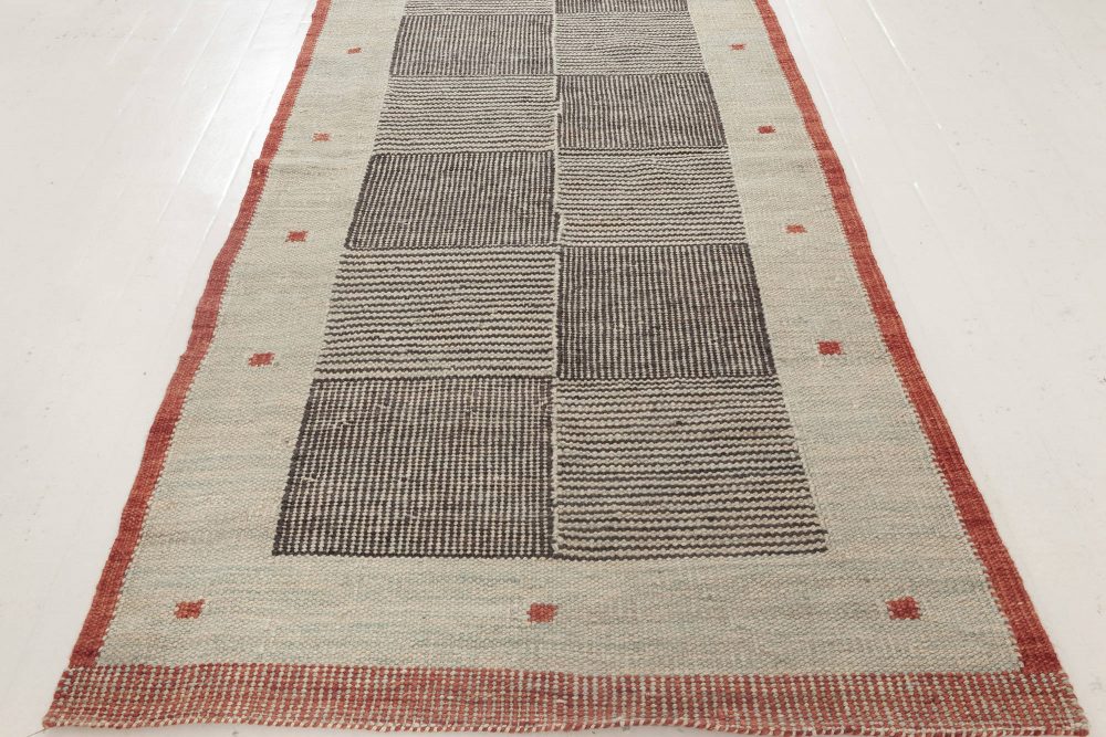 Contemporary Swedish Style Beige, Black and Red Flat-Weave Wool Runner N12056