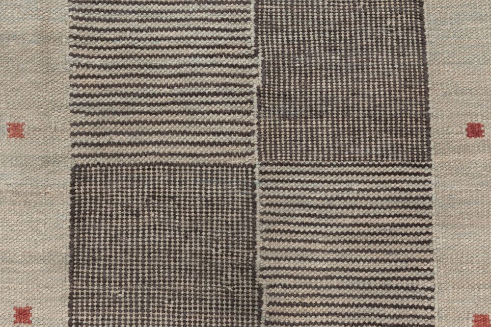 Contemporary Swedish Style Beige, Black and Red Flat-Weave Wool Runner N12056