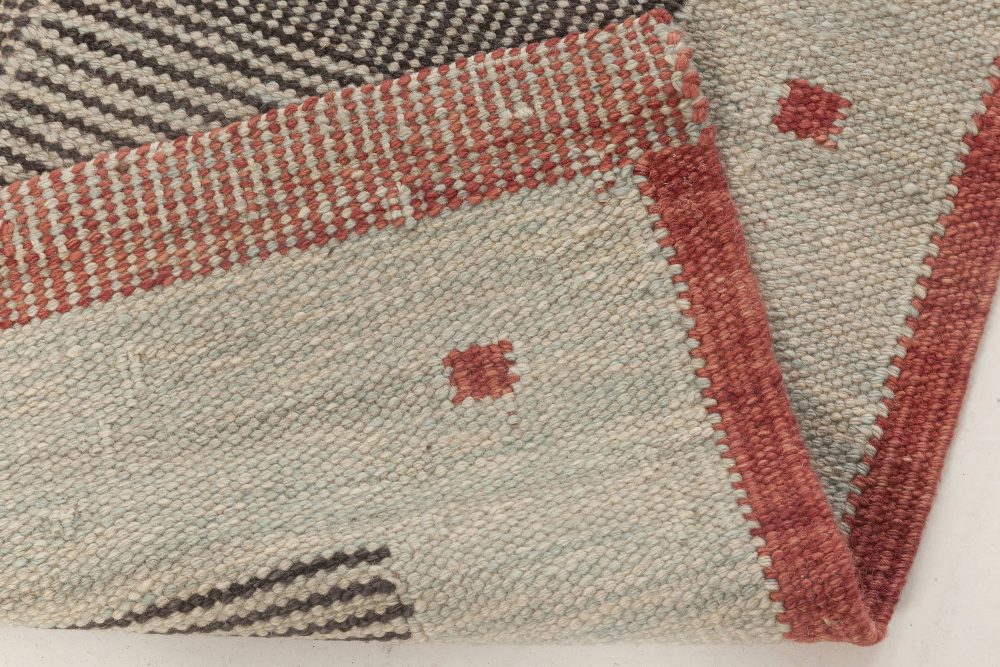 Contemporary Swedish Style Beige, Black and Red Flat-Weave Wool Runner N12056