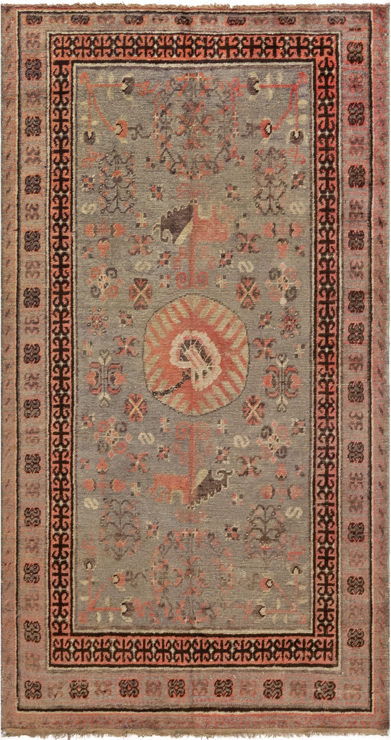 Midcentury <mark class='searchwp-highlight'>Samarkand</mark> Handmade Wool Rug in Brown, Green and Pink BB7022