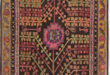 Midcentury <mark class='searchwp-highlight'>Samarkand</mark> Handmade Wool Rug in Brown, Gold, Green, Purple and White BB7018
