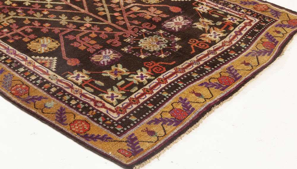 Midcentury Samarkand Handmade Wool Rug in Brown, Gold, Green, Purple and White BB7018