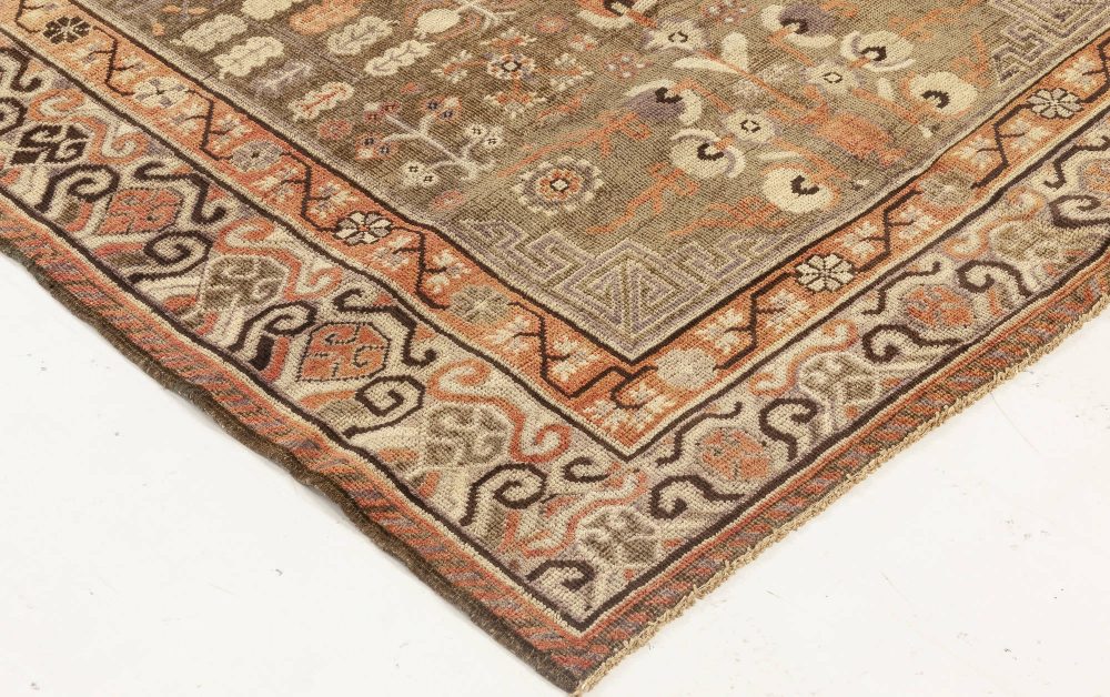 Midcentury Samarkand Taupe, Beige, Dusty Pink and Purple Handmade Wool Rug BB7030