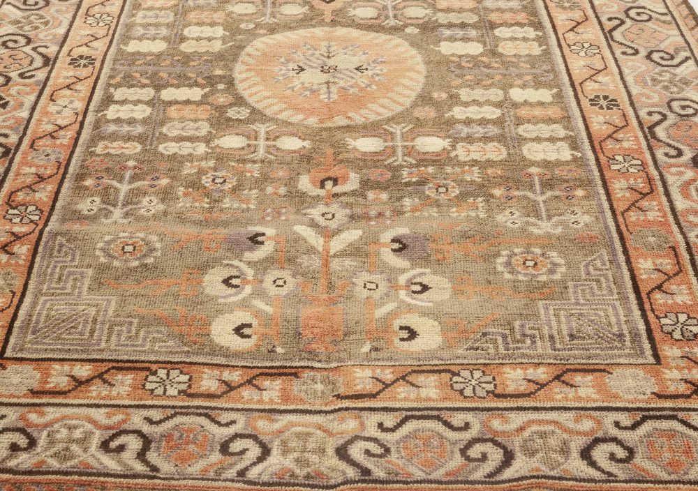 Midcentury Samarkand Taupe, Beige, Dusty Pink and Purple Handmade Wool Rug BB7030