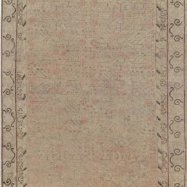 Vintage Samarkand Floral Soft Beige Hand-Knotted Wool Rug Pomegranate Design BB7047